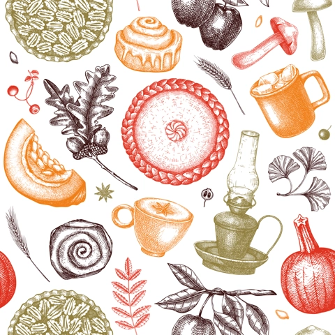 Autumn seamless pattern. Hand-drawn vector illustration. Pumpkin, hot drink, fruit, pie, pastry, fall leaves sketches. Thanksgiving background in color